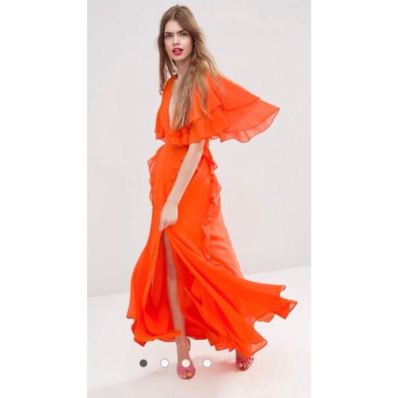 ASOS Dresses & Skirts - ASOS dress ruffle flutter sleeve orange maxi 6